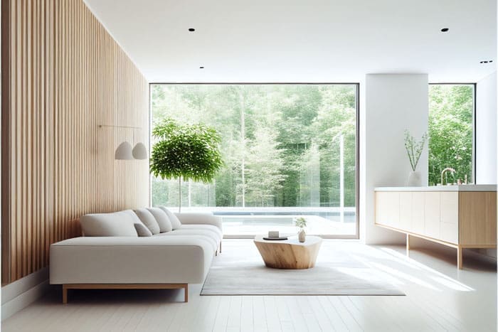 Illustration of modern light apartment with big windows created with Generative AI technology.